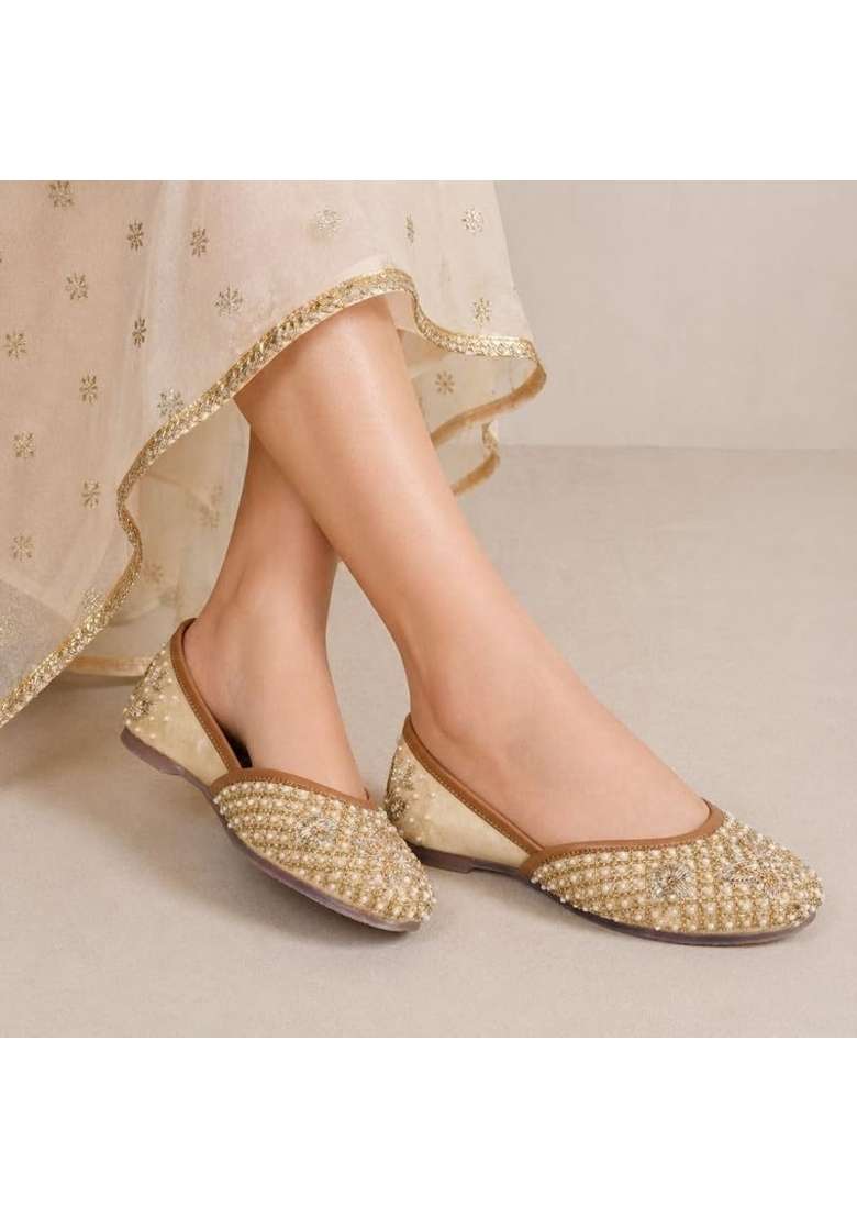 Alzic Gold Embroidered Womens Ethnic Jutti Handcrafted Beaded and Sequin Work Traditional Flat Jutti - Indya