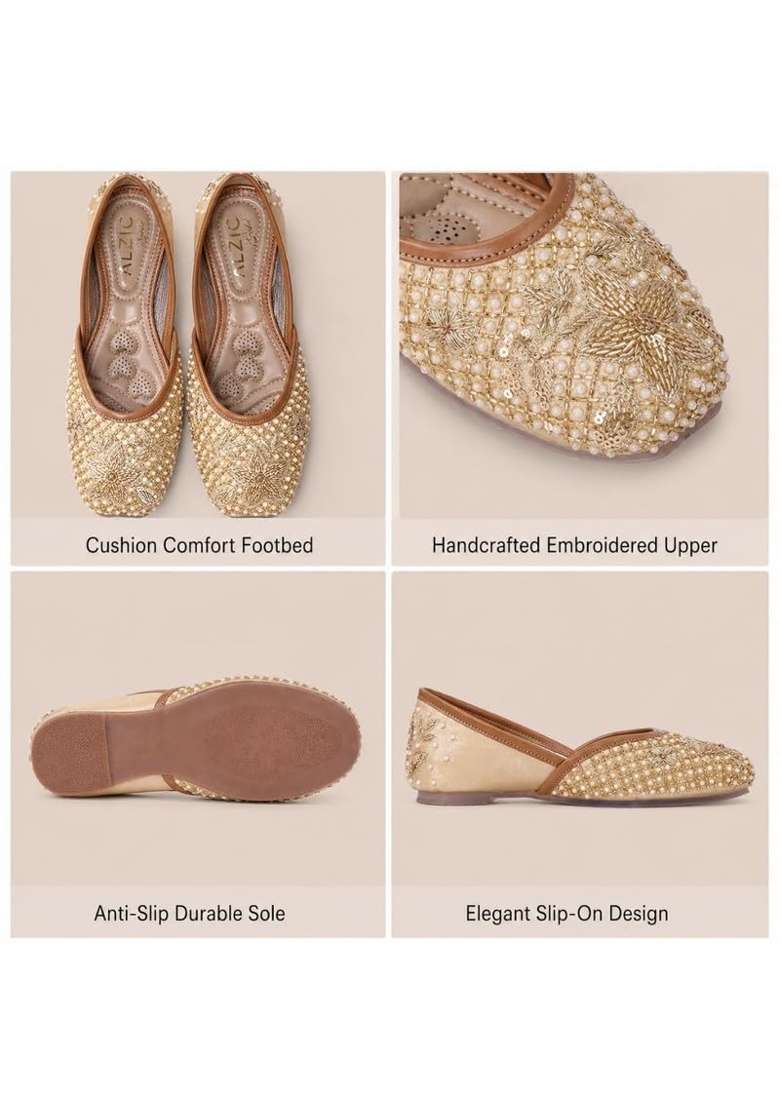 Alzic Gold Embroidered Womens Ethnic Jutti Handcrafted Beaded and Sequin Work Traditional Flat Jutti - Indya