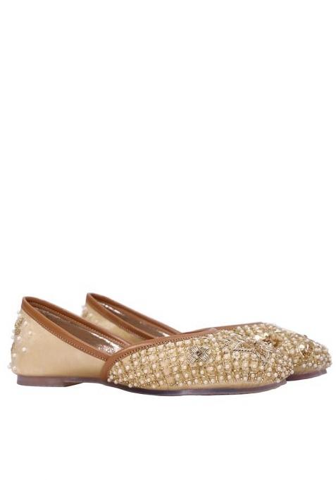 Alzic Gold Embroidered Womens Ethnic Jutti Handcrafted Beaded and Sequin Work Traditional Flat Jutti