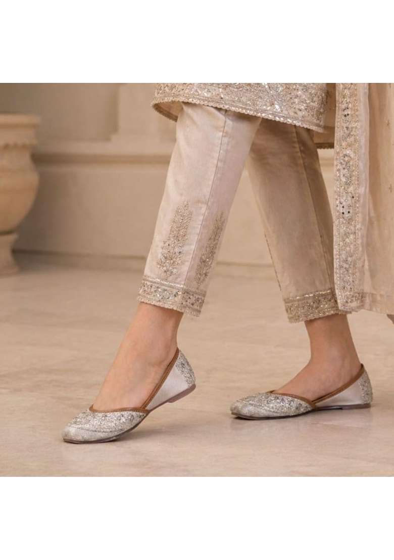 Alzic Gold Embroidered Womens Ethnic Jutti Handcrafted Beaded and Sequin Work Traditional Flat Jutti - Indya