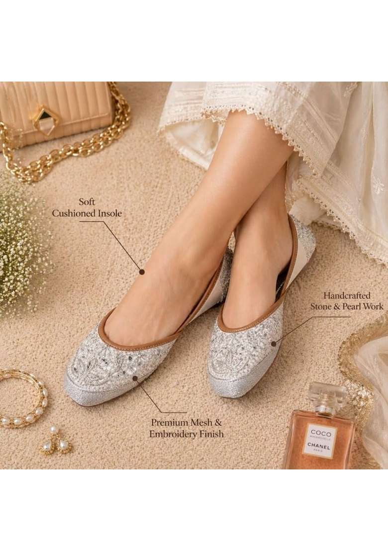 Alzic Gold Embroidered Womens Ethnic Jutti Handcrafted Beaded and Sequin Work Traditional Flat Jutti - Indya