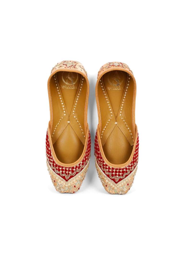 Anushra Noor Jutti for Women Handcrafted Maroon Peach Zardozi Embroidered Ethnic Footwear Leather Festive - Indya