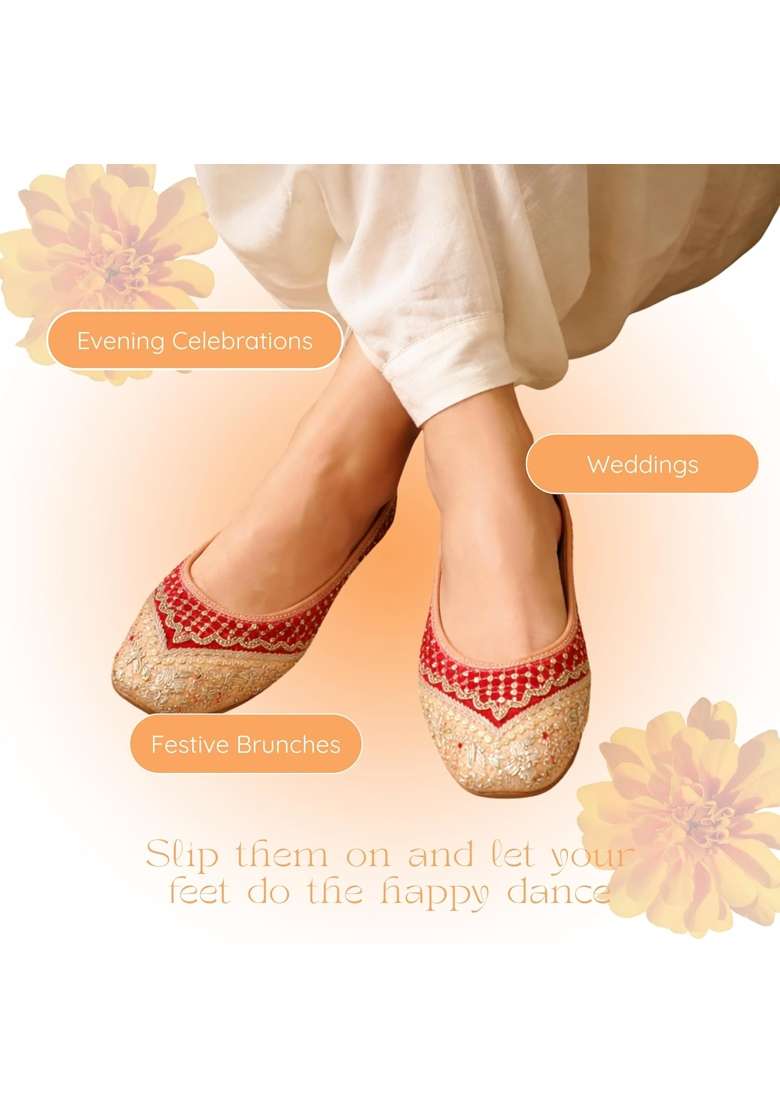 Anushra Noor Jutti for Women Handcrafted Maroon Peach Zardozi Embroidered Ethnic Footwear Leather Festive - Indya