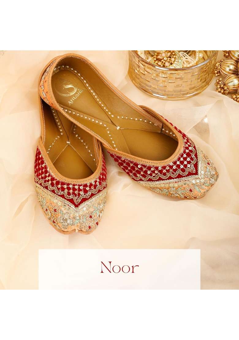 Anushra Noor Jutti for Women Handcrafted Maroon Peach Zardozi Embroidered Ethnic Footwear Leather Festive - Indya