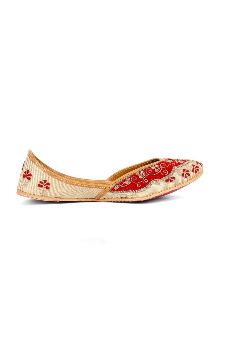 Anushra Rajwadi Bridal Jutti for Women Handcrafted Crimson Red Ethnic Footwear with Antique Gold Silver Zari - Indya