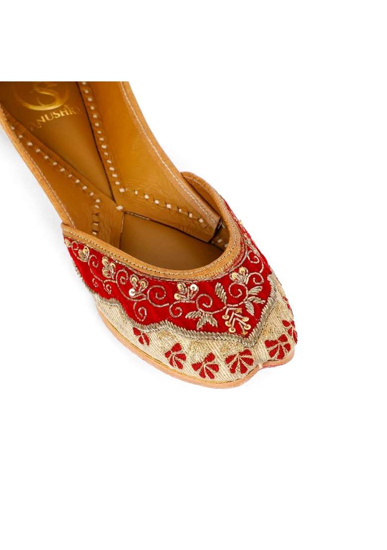 Anushra Rajwadi Bridal Jutti for Women Handcrafted Crimson Red Ethnic Footwear with Antique Gold Silver Zari - Indya