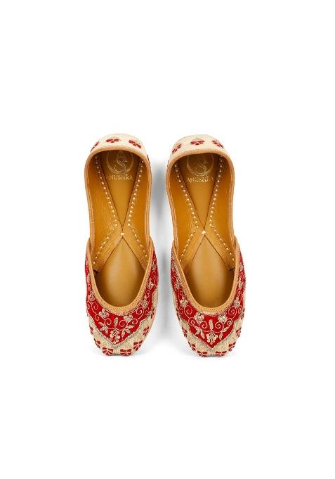Anushra Rajwadi Bridal Jutti for Women Handcrafted Crimson Red Ethnic Footwear with Antique Gold Silver Zari