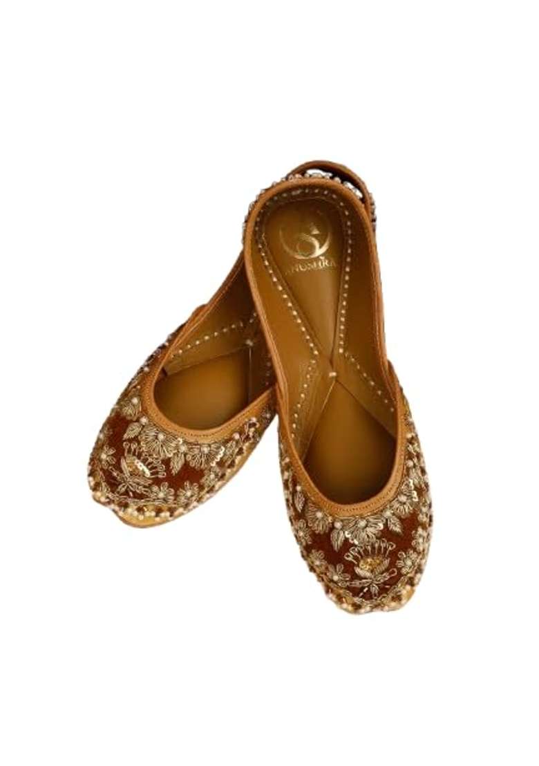 Anushra Nazneen Pearl Jutti for Women Handcrafted Golden Brown Zardozi Embroidered Ethnic Footwear - Indya