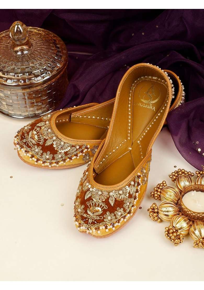 Anushra Nazneen Pearl Jutti for Women Handcrafted Golden Brown Zardozi Embroidered Ethnic Footwear - Indya