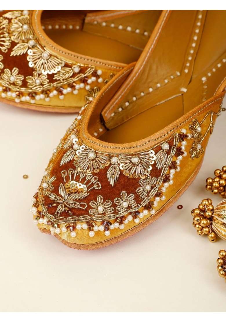 Anushra Nazneen Pearl Jutti for Women Handcrafted Golden Brown Zardozi Embroidered Ethnic Footwear - Indya