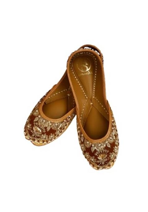 Anushra Nazneen Pearl Jutti for Women Handcrafted Golden Brown Zardozi Embroidered Ethnic Footwear