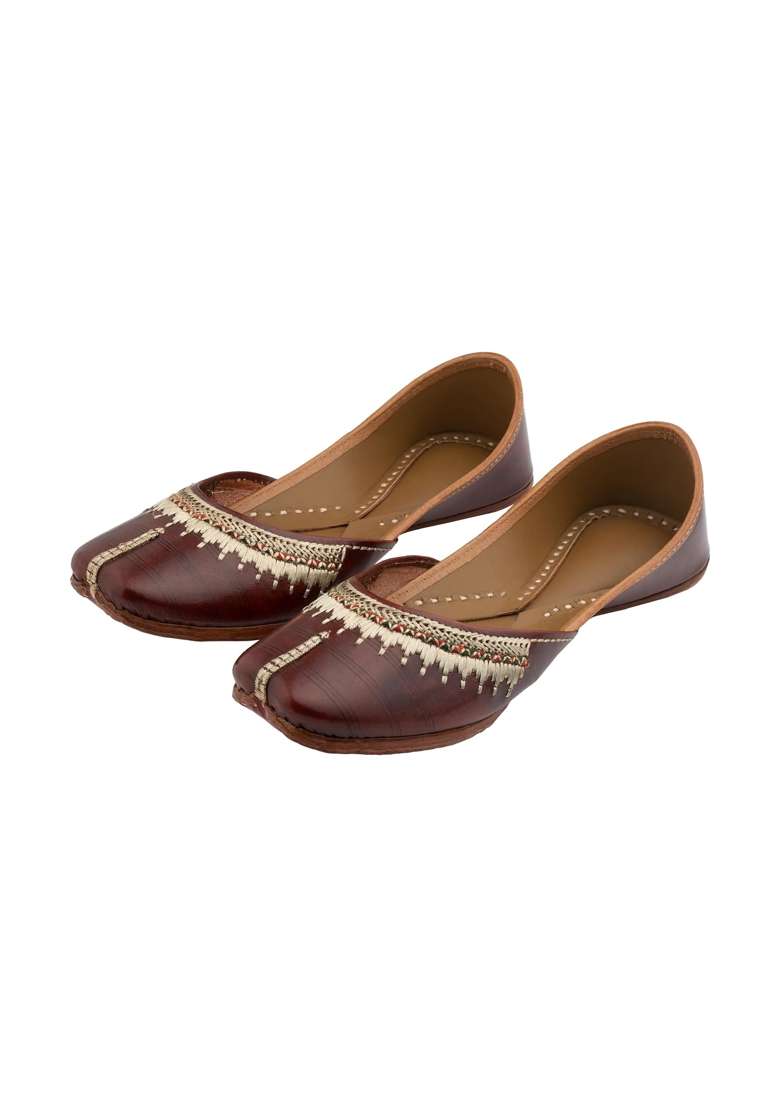 Korakari Womens Traditional Ethnic Amber Punjabi Jutti Leather Flat Comfortable Mojaris for Girls - Indya