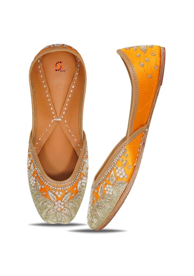DFR Orange Women Hand Dabka Zari Mojari Juttis - Indya