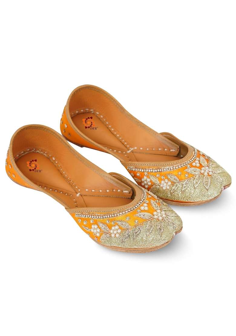 DFR Orange Women Hand Dabka Zari Mojari Juttis - Indya