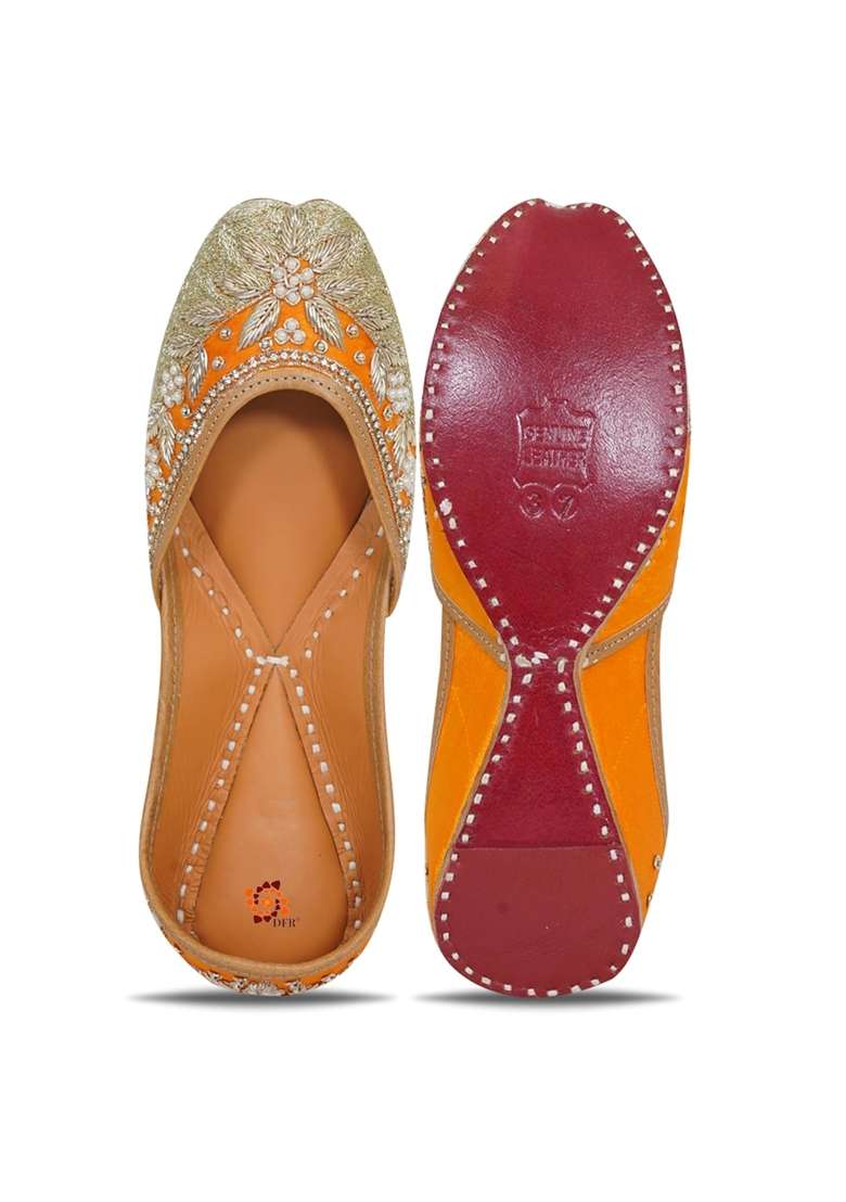 DFR Orange Women Hand Dabka Zari Mojari Juttis - Indya