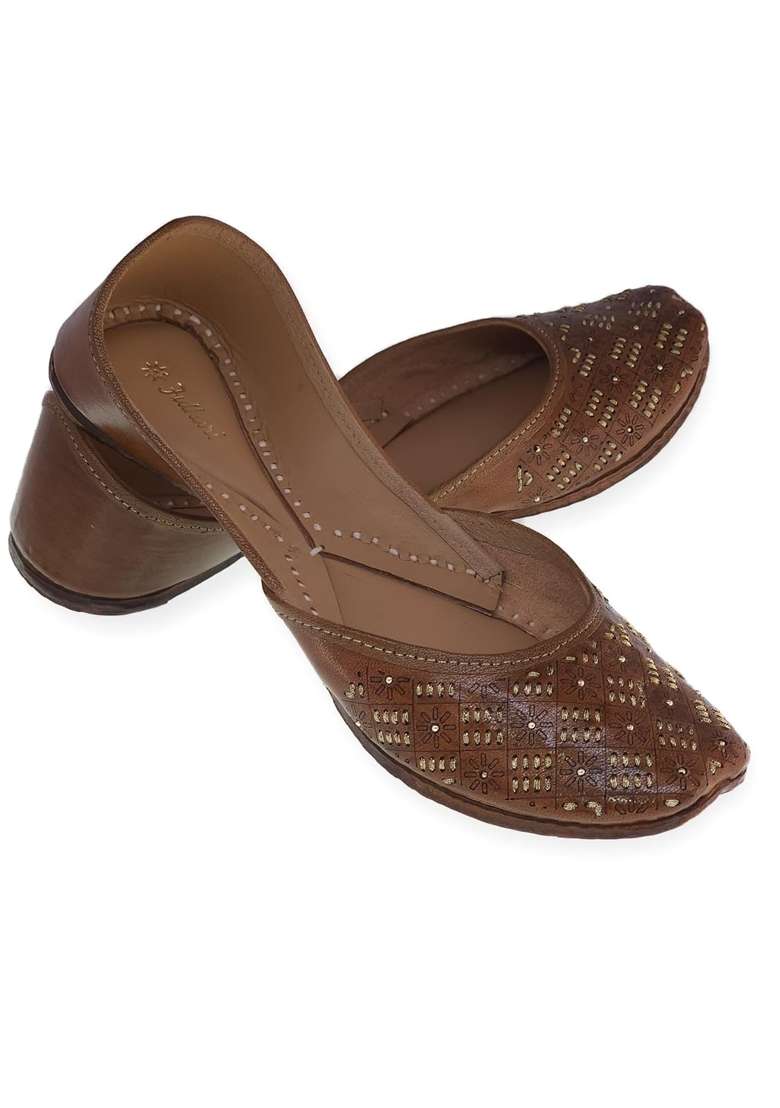 Fulkari Womens 3D Tanka Gold Zarriwork Genuine Soft Leather Jutis - Indya