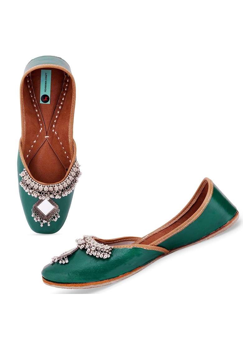 Pehnawacraft Green Oxidised Ghungroo Punjabi Jutti for Women Bridal Soft Leather Ethnic Juttis - Indya