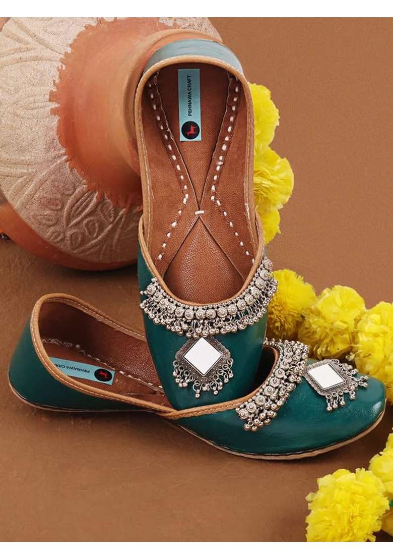 Pehnawacraft Green Oxidised Ghungroo Punjabi Jutti for Women Bridal Soft Leather Ethnic Juttis - Indya