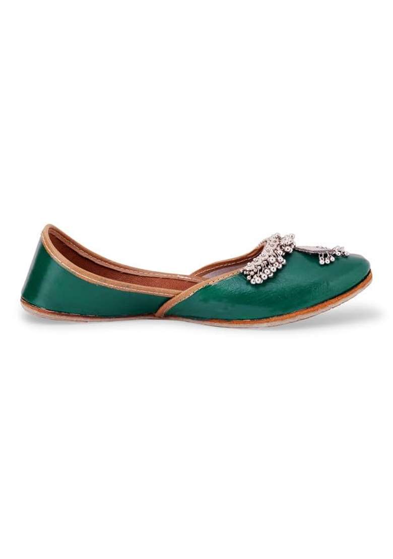 Pehnawacraft Green Oxidised Ghungroo Punjabi Jutti for Women Bridal Soft Leather Ethnic Juttis - Indya
