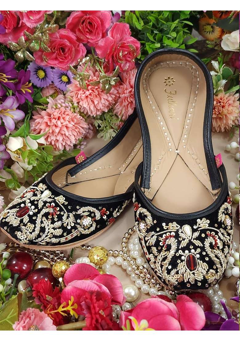 Fulkari Women Sapphire Velvet Gold Toned Genuine Soft Leather Embroidered Jutis - Indya
