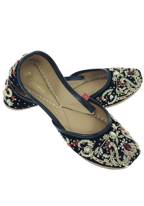 Fulkari Women Sapphire Velvet Gold Toned Genuine Soft Leather Embroidered Jutis
