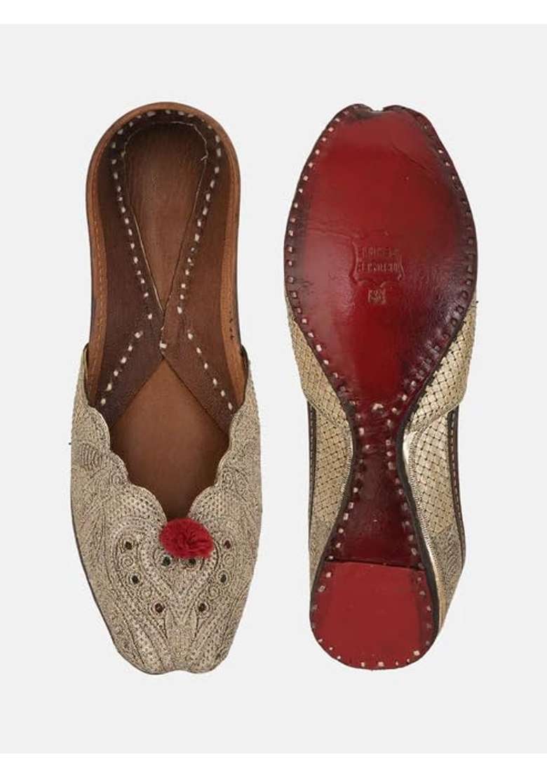 Jutties Maker Brown Womens Suhana Safar Zari Jutti Ethnic Slip on Flat Footwear - Indya