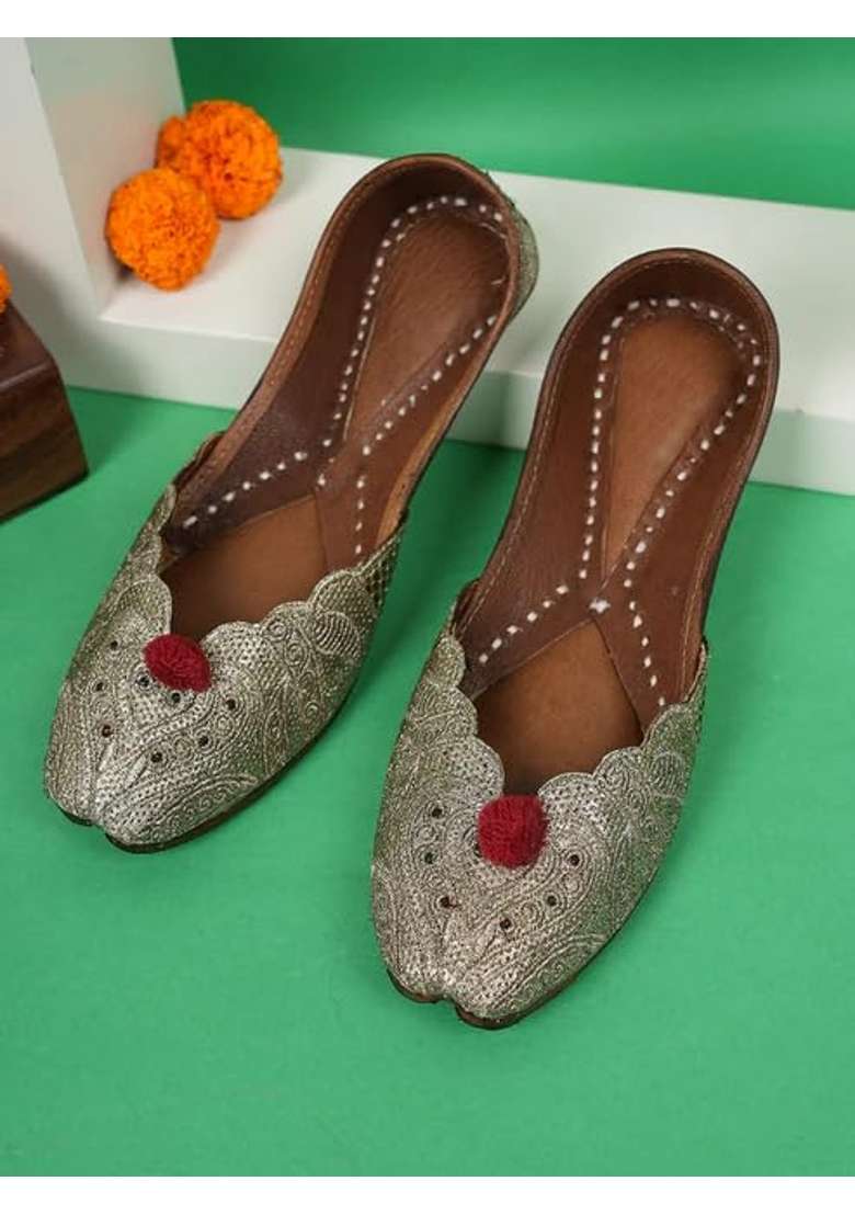 Jutties Maker Brown Womens Suhana Safar Zari Jutti Ethnic Slip on Flat Footwear - Indya