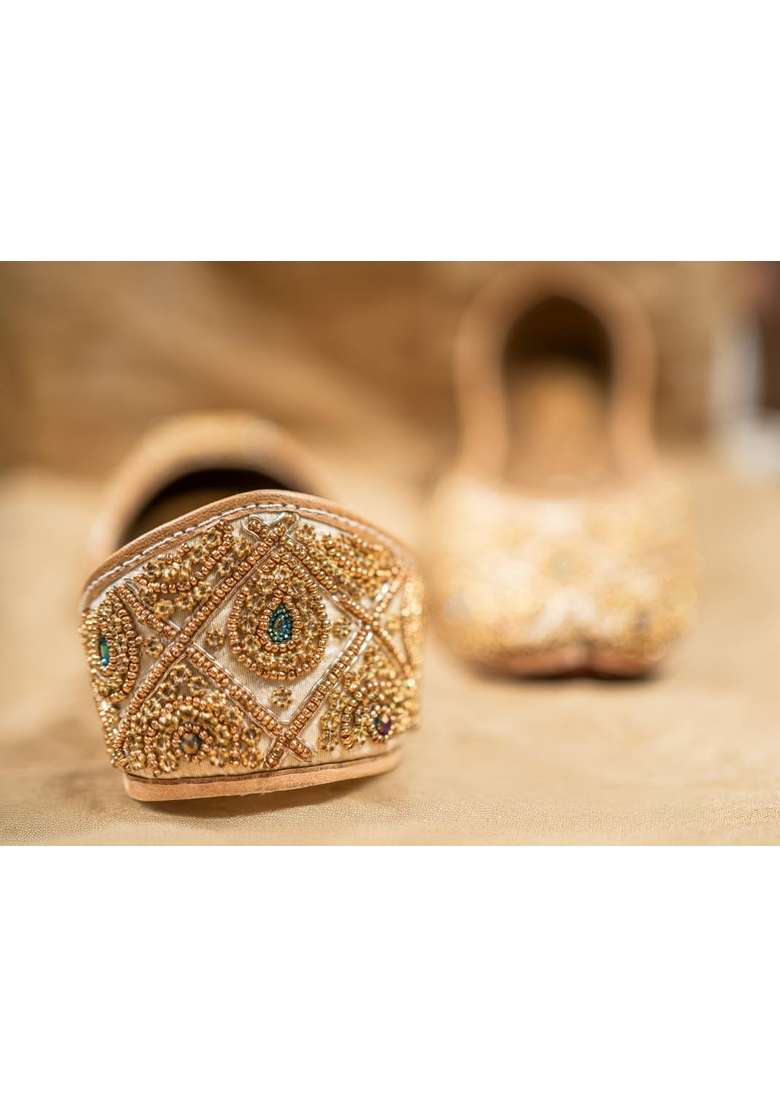 Loryphilory Womens Golden Embroidered Punjabi Jutti Heavy Beadwork Ethnic Mojari for Weddings - Indya