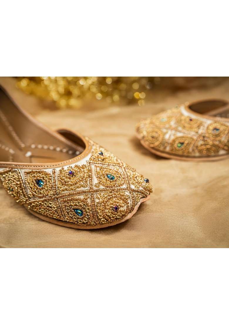 Loryphilory Womens Golden Embroidered Punjabi Jutti Heavy Beadwork Ethnic Mojari for Weddings - Indya