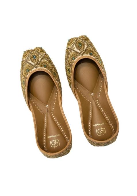Loryphilory Womens Golden Embroidered Punjabi Jutti Heavy Beadwork Ethnic Mojari for Weddings