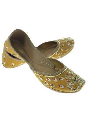Fulkari Women Mayur Velvet Gold Toned Genuine Soft Leather Embroidered Jutis