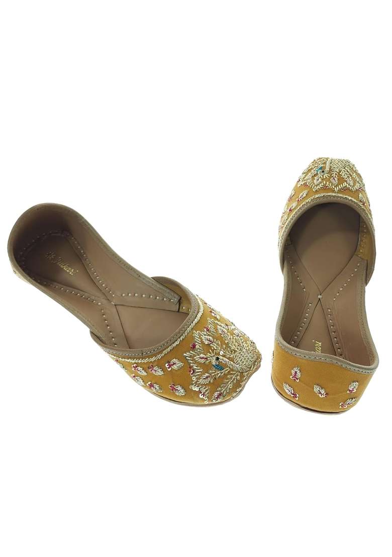 Fulkari Women Mayur Velvet Gold Toned Genuine Soft Leather Embroidered Jutis - Indya