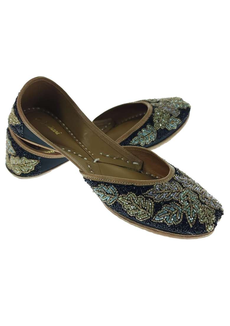Fulkari Women Blossom Black Gold Genuine Soft Leather Embroidered Jutis - Indya