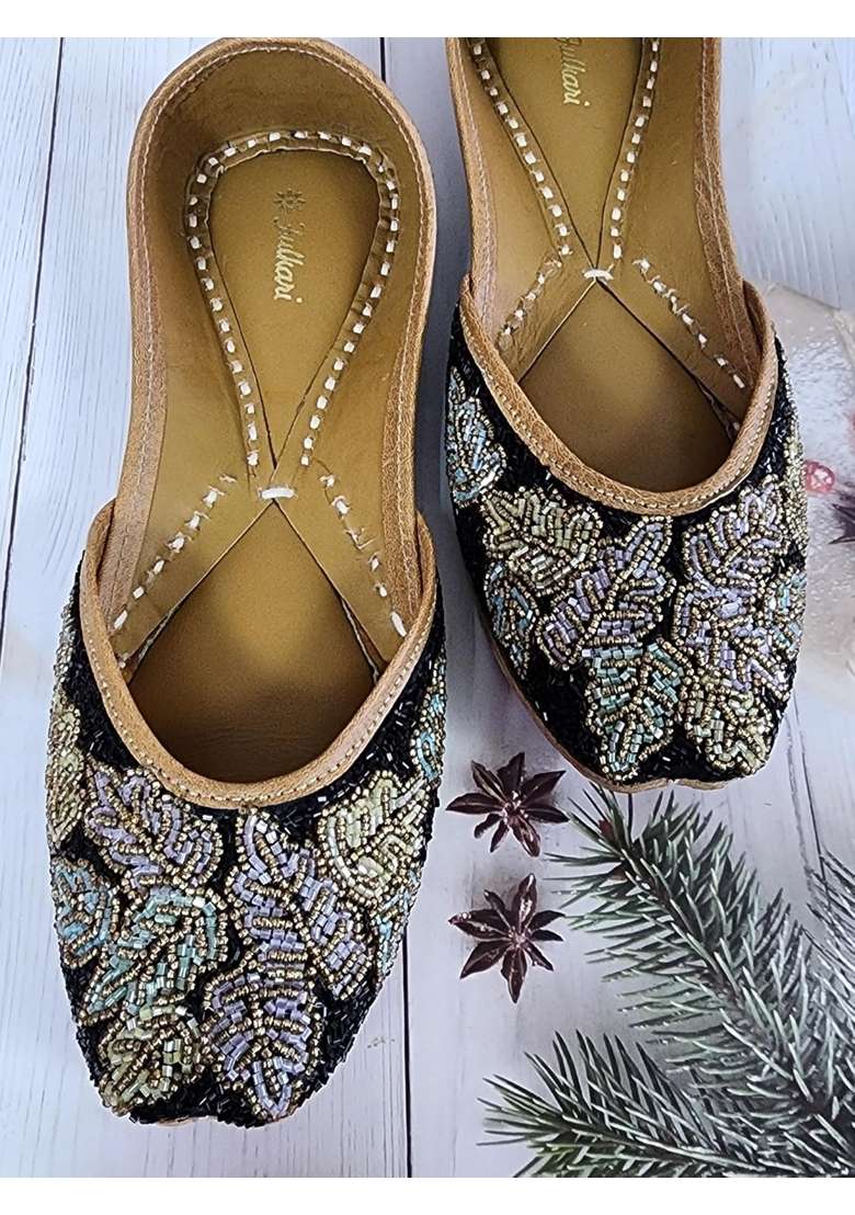 Fulkari Women Blossom Black Gold Genuine Soft Leather Embroidered Jutis - Indya