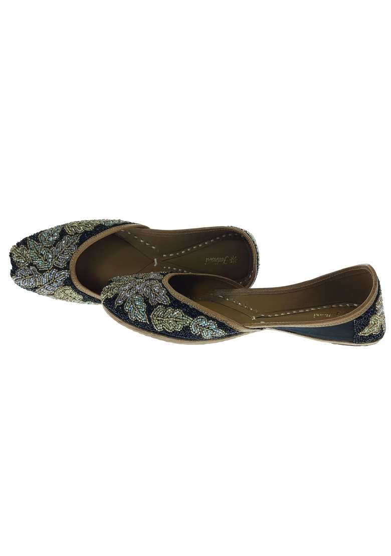 Fulkari Women Blossom Black Gold Genuine Soft Leather Embroidered Jutis - Indya