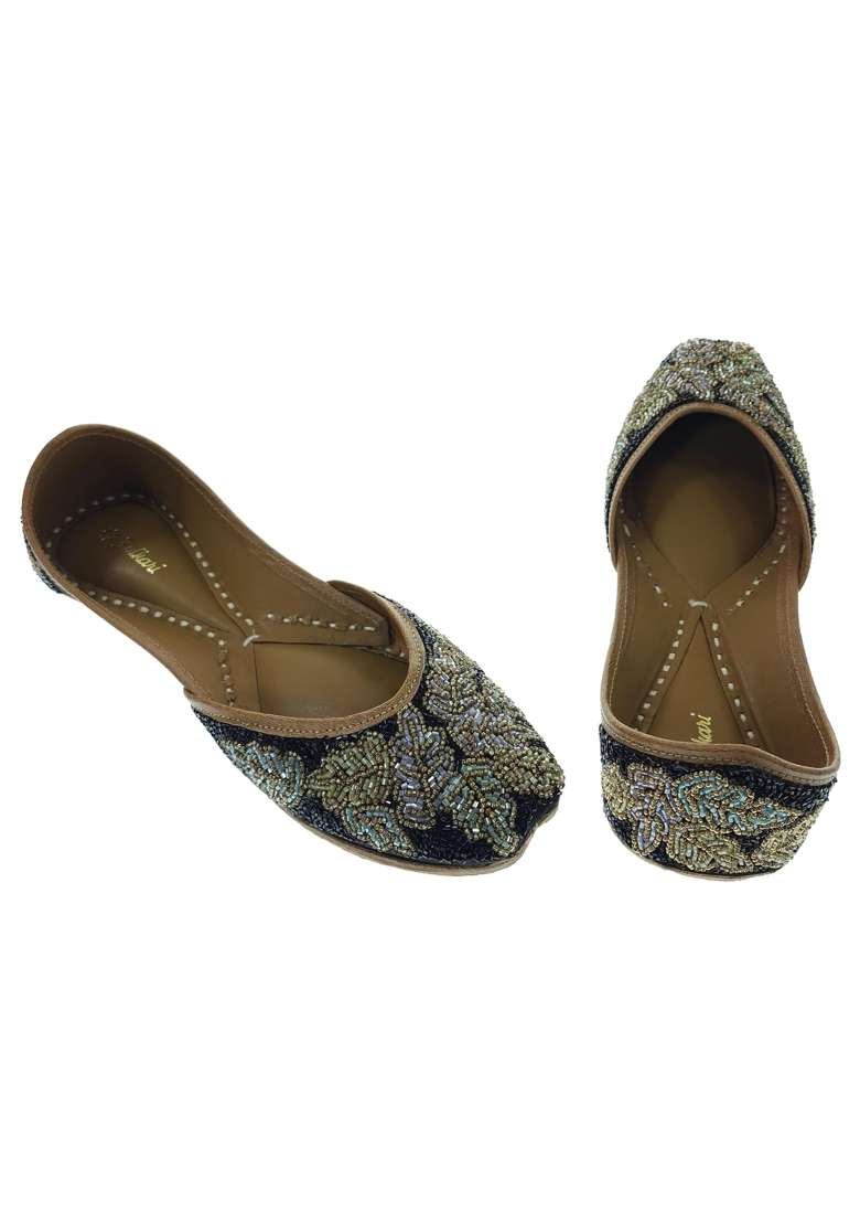 Fulkari Women Blossom Black Gold Genuine Soft Leather Embroidered Jutis - Indya
