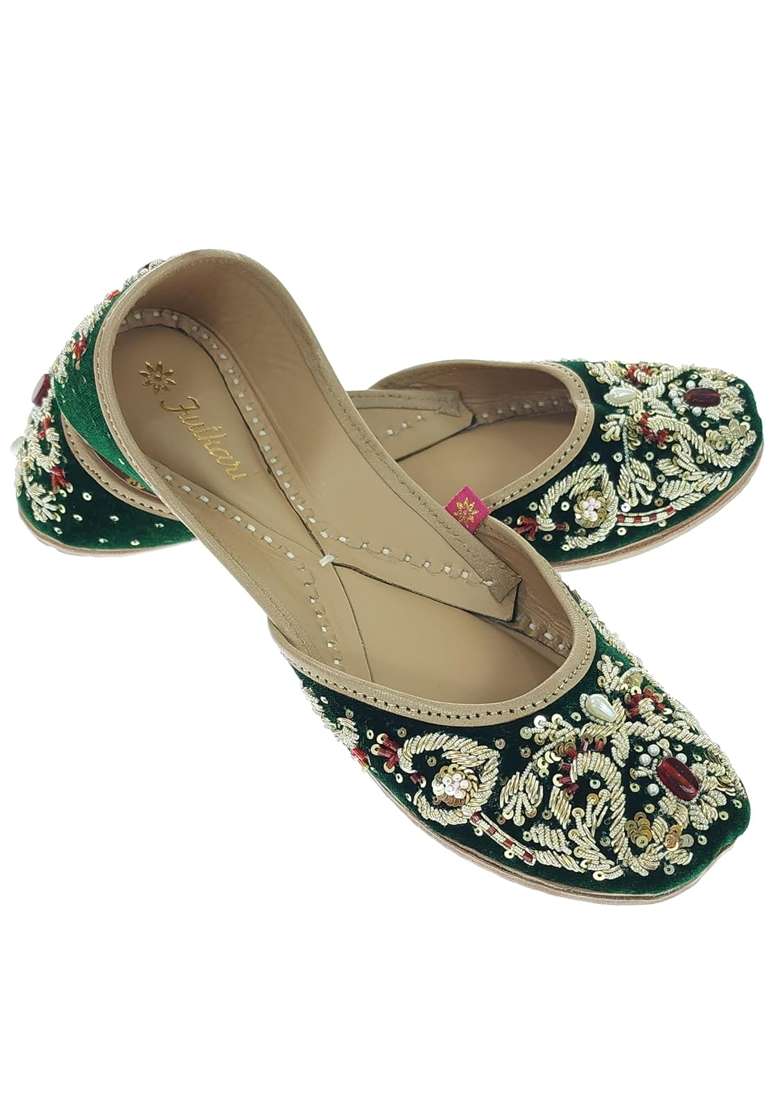 Fulkari Women Sapphire Velvet Gold Toned Genuine Soft Leather Embroidered Jutis - Indya
