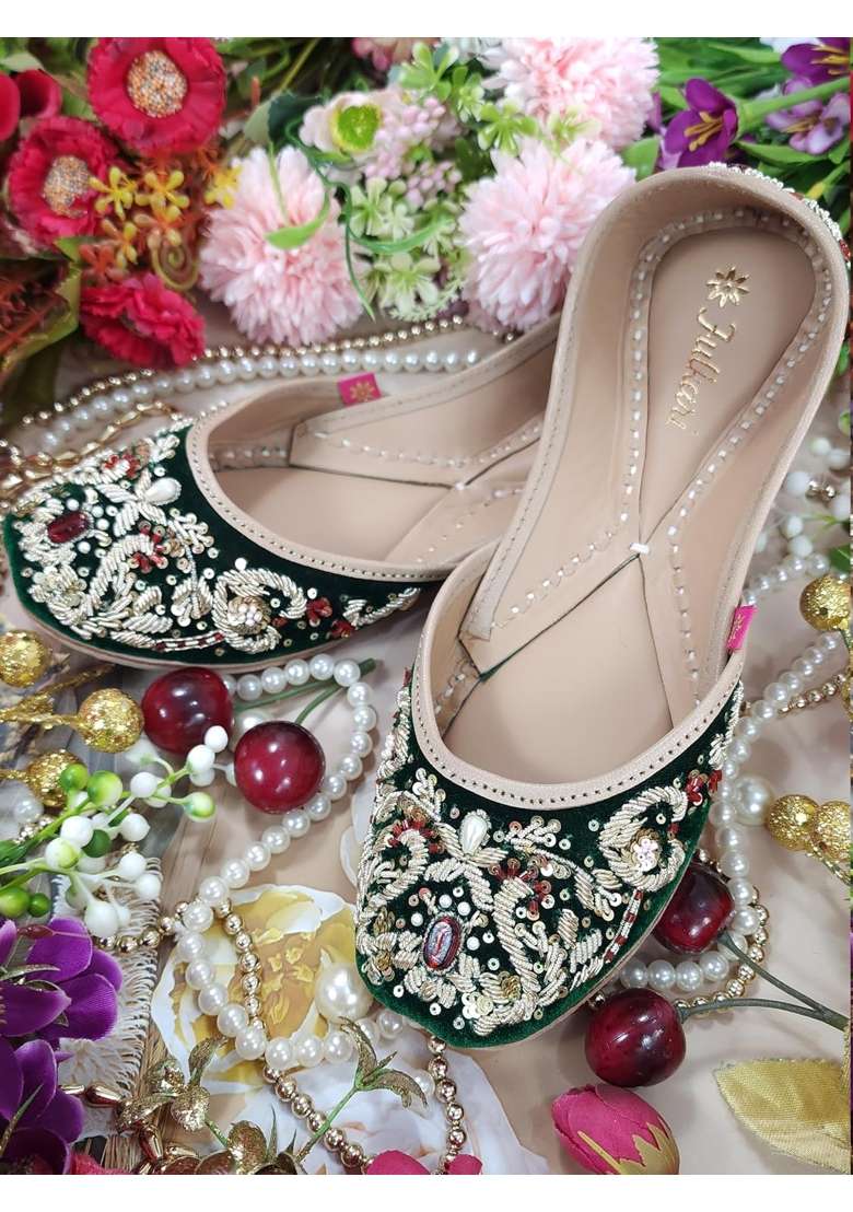 Fulkari Women Sapphire Velvet Gold Toned Genuine Soft Leather Embroidered Jutis - Indya