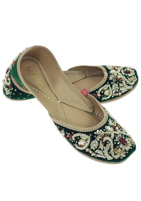 Fulkari Women Sapphire Velvet Gold Toned Genuine Soft Leather Embroidered Jutis