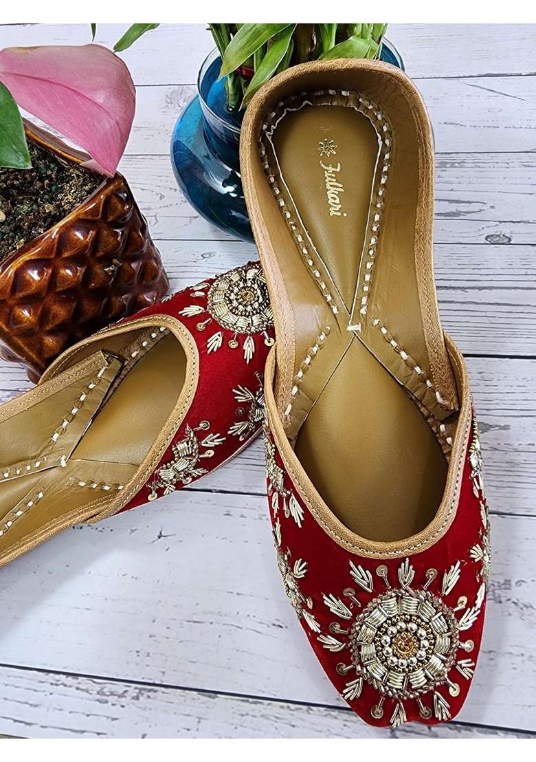 Fulkari Women Sunflower Welvet Maroon Gold Genuine Soft Leather Embroidered Jutis - Indya
