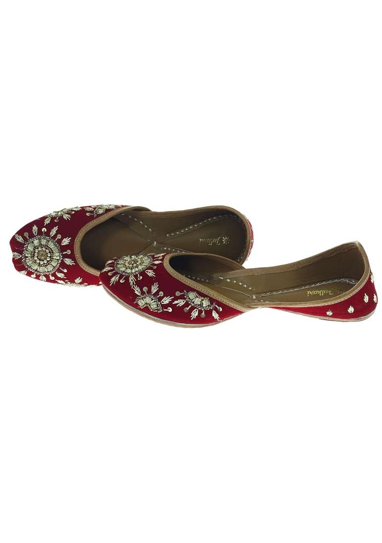 Fulkari Women Sunflower Welvet Maroon Gold Genuine Soft Leather Embroidered Jutis - Indya