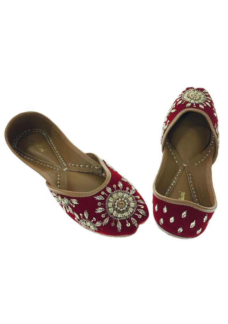 Fulkari Women Sunflower Welvet Maroon Gold Genuine Soft Leather Embroidered Jutis - Indya