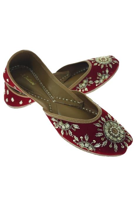Fulkari Women Sunflower Welvet Maroon Gold Genuine Soft Leather Embroidered Jutis