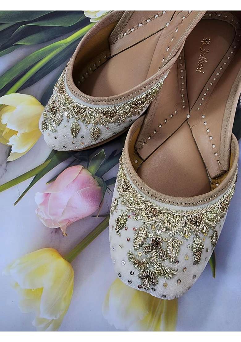 Fulkari Women Freesia Velvet Gold Toned Genuine Soft Leather Embroidered Jutis - Indya