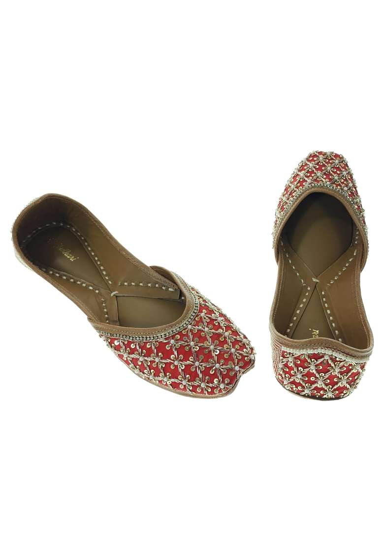 Fulkari Women Phlox Red Gold Genuine Soft Leather Embroidered Jutis - Indya