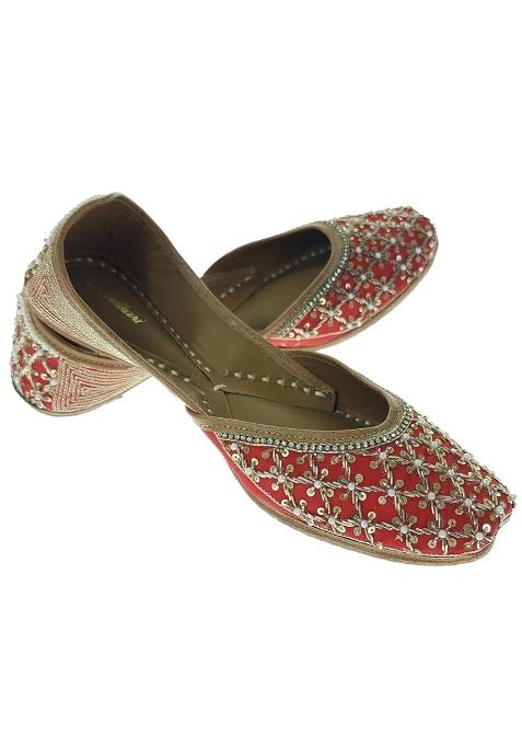 Fulkari Women Phlox Red Gold Genuine Soft Leather Embroidered Jutis