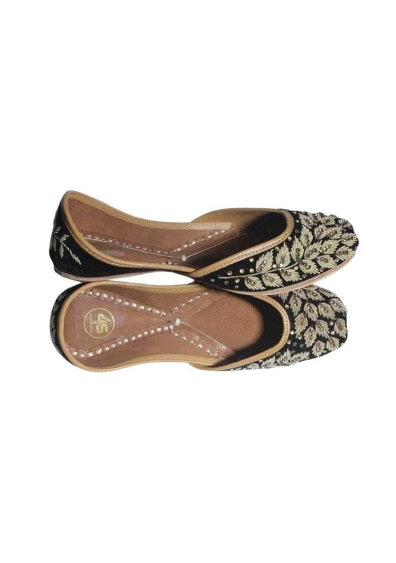 4S Womens Black Velvet Handcrafted Punjabi Jutti Gold Embroidery Leather Sole - Indya