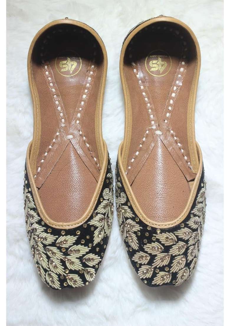 4S Womens Black Velvet Handcrafted Punjabi Jutti Gold Embroidery Leather Sole - Indya