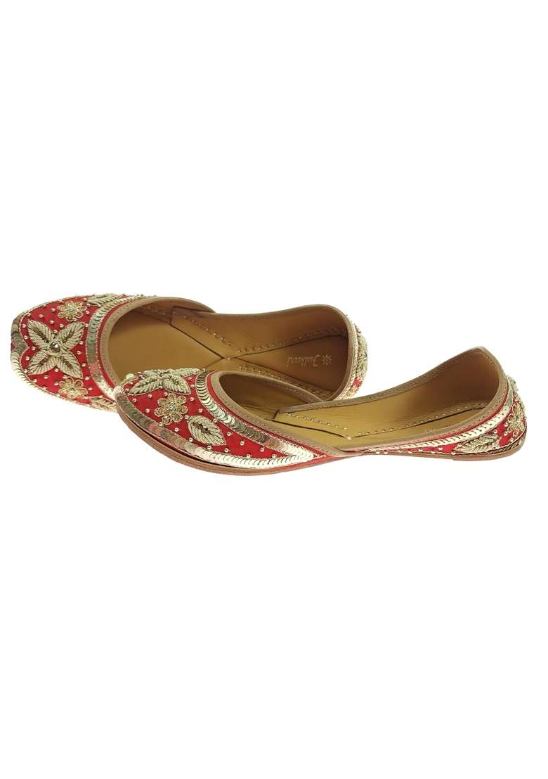 Fulkari Womens Viola Handworked Gold Juttis Embroidered Soft Leather Flats - Indya