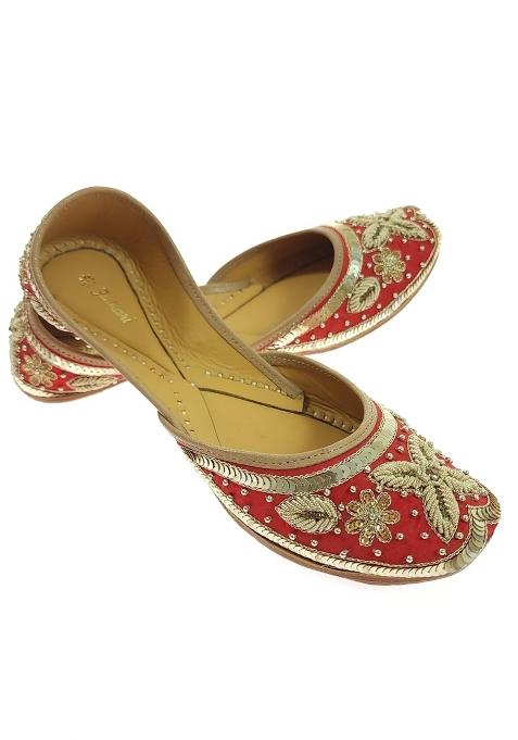 Fulkari Womens Viola Handworked Gold Juttis Embroidered Soft Leather Flats